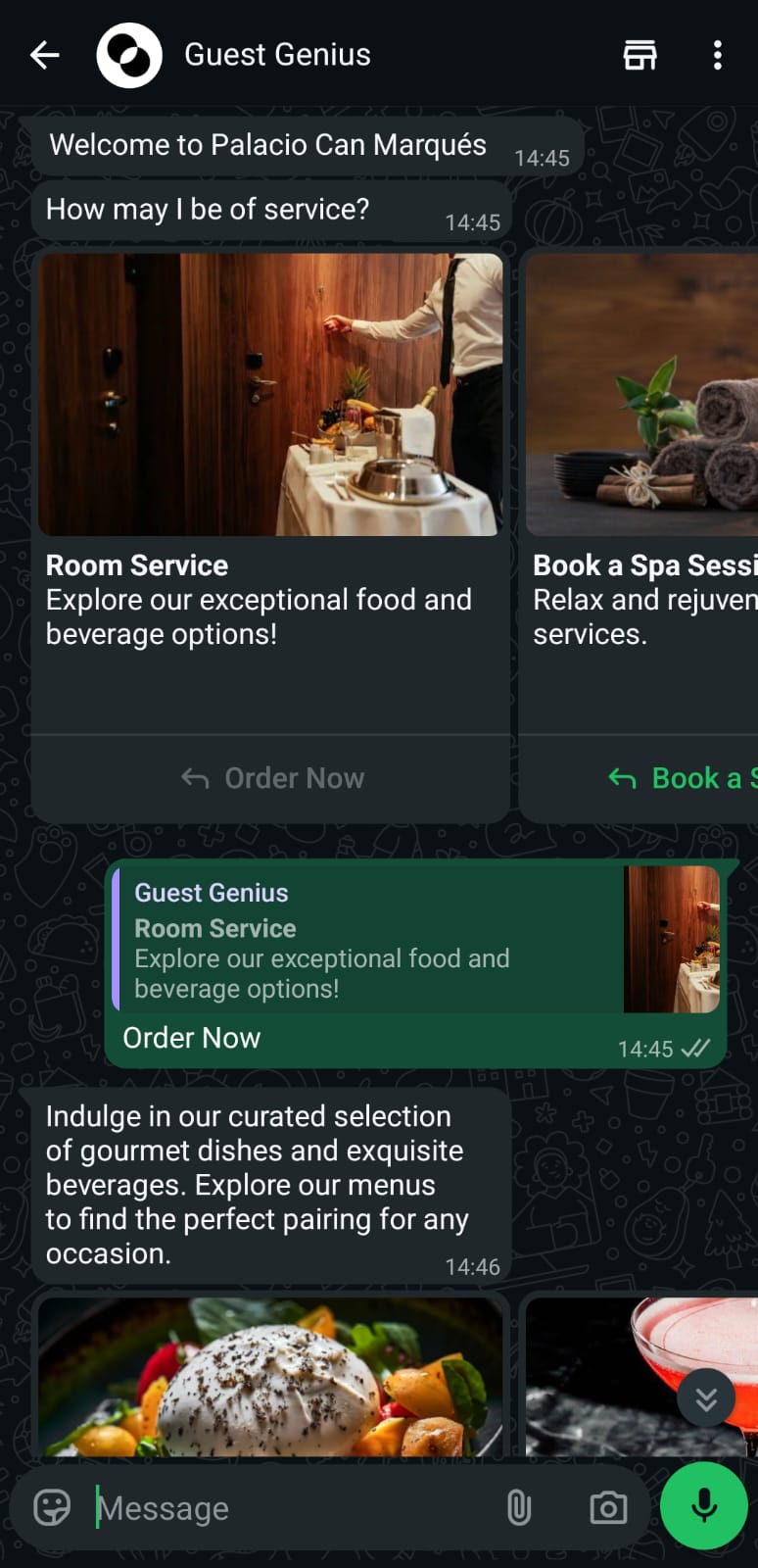 WhatsApp welcome and room service carousel from Guest Genius