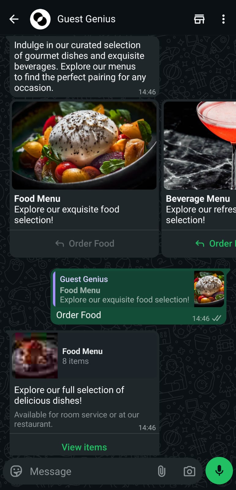 Guest selects room service to order food via WhatsApp