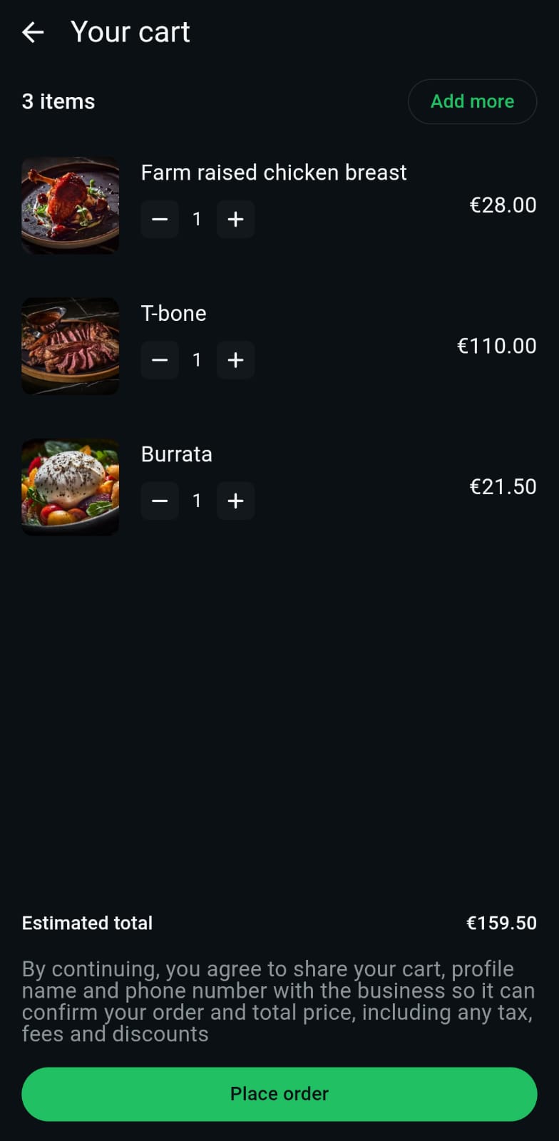 Guest browsing menu items in WhatsApp