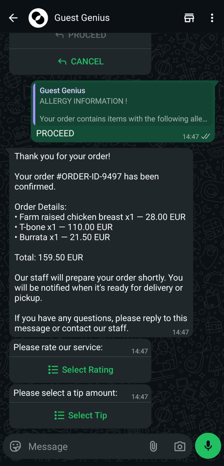 Order confirmation and checkout in Guest Genius WhatsApp flow